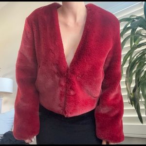 maroon / red furry cropped coat